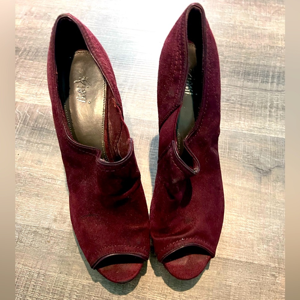 Fioni Burgundy Suede Pumps Open Toe Heels Booties Platform Shoes